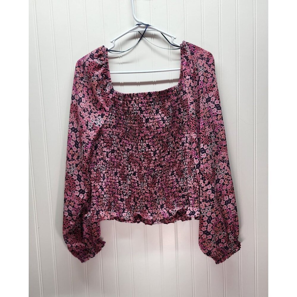 Vince Camuto  Pink Floral Smocked Square Neck Long Sleeve Blouse With Ruffle Hem - Picture 2 of 11
